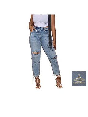 Stretchy Distressed Boyfriend Jeans for Women, Ripped Denim Pants, Mid Rise, 5